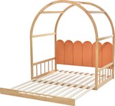 Merax Uitschuifbaar Kinderbed - Uitbreidbaar Peuterbed tot Tweepersoonsbed - Natuurlijk Bruin met Oranje