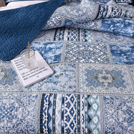 Sprei Bedsprei 250 X 270 Cm, Patchworkdeken Voor De Zomer Van Katoen En Polyester Oversized Gewatteerde Deken In Vintage Retrostijl Blauw Met Kussenset