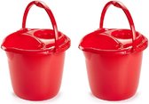 2x stuks rode dweilemmer/mopemmer 15 liter 38 x 34 cm - Vloer reinigen - Kunststof/plastic dweil emmer