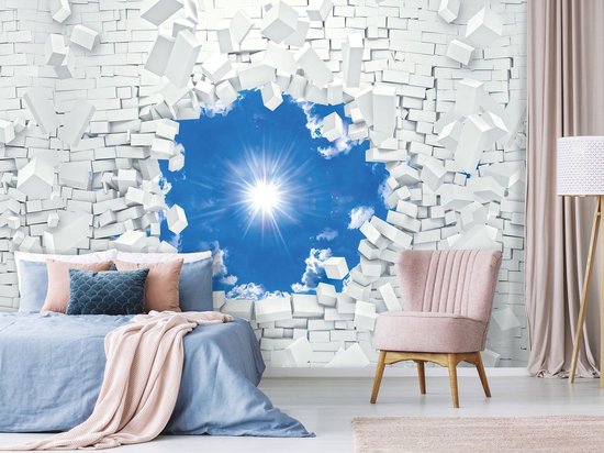 Fotobehang - Vlies Behang - De Zon en de Blauwe Lucht door Gebroken Muur 3D - 254 x 184 cm