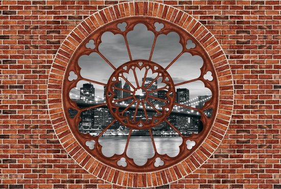 Fotobehang - Vlies Behang - 3D Uitzicht op New York door Rond Raam ...