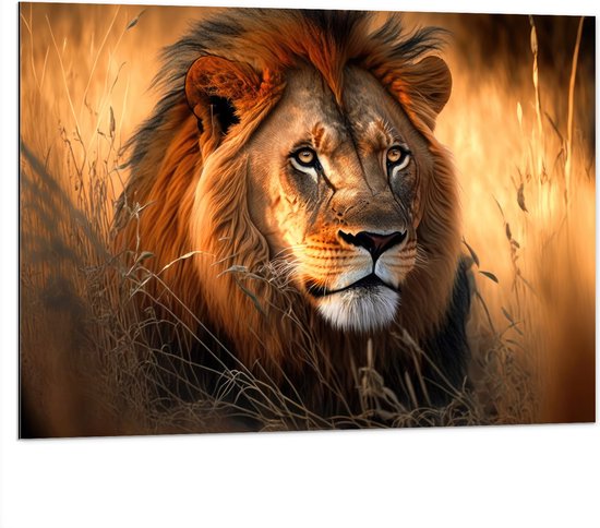 Dibond - Prachtige Mannelijke Leeuw tussen de Hoge Grassen - 100x75 cm Foto op Aluminium (Met Ophangsysteem)