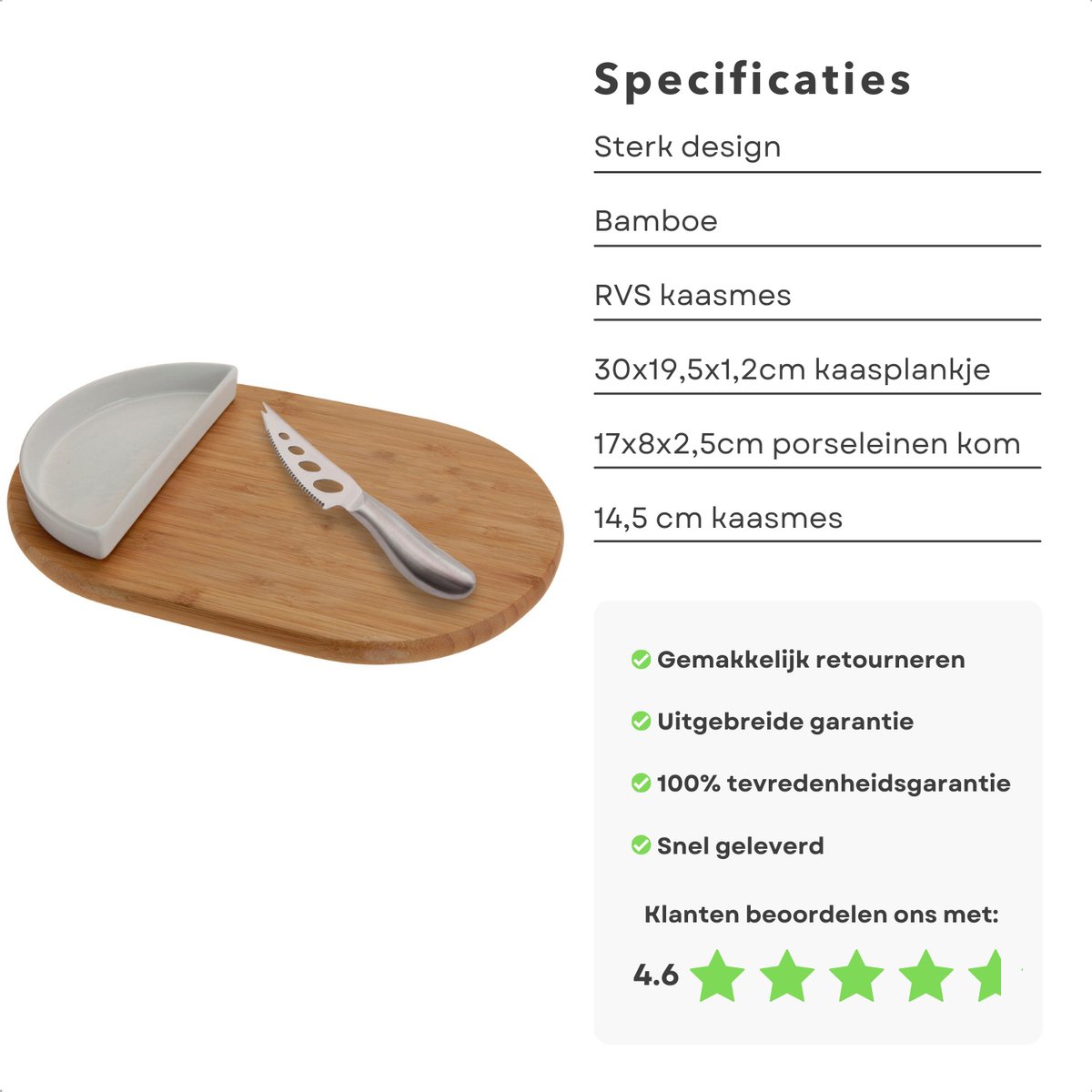 Kaasplank Set - Kaasplankje - Serveerplank - Ovaal Bamboe - 30x19,5cm - Bakje & Mes - Porselein & Roestvrijstaal — cadeau in Kookcadeaus - foto 5