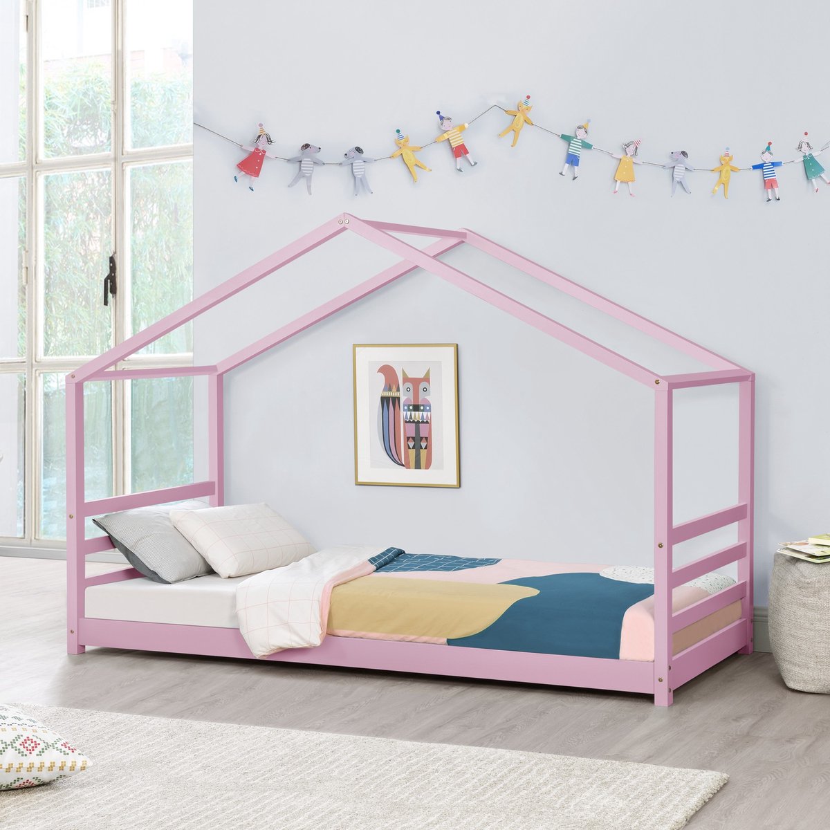 Kinderbed Giles - Huisbed - Met bedbodem - 90x200 cm - Roze - Voor jongens - Voor meisjes - Voor kinderen
