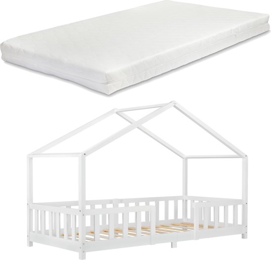 Kinderbed Cherette - Met matras - 90x200 cm - Wit - Voor meisjes - Voor jongens
