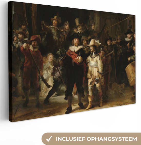 Canvas - Schilderij De nachtwacht - Kunst - Oude meesters - Rembrandt - 150x100 cm - Wanddecoratie - Woonkamer