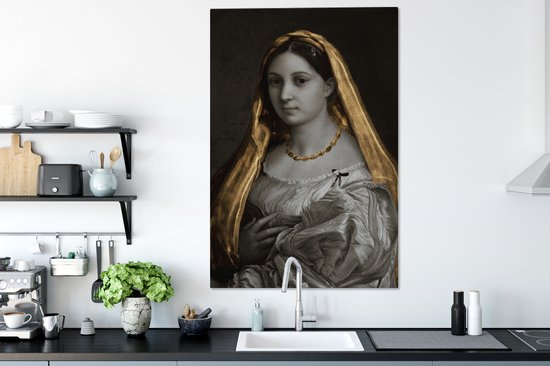Canvas doek - De gesluierde vrouw - Goud - Kunst - 90x140 cm - Oude meesters - Raffaeolo Sanzio - Tinten - Woonkamer