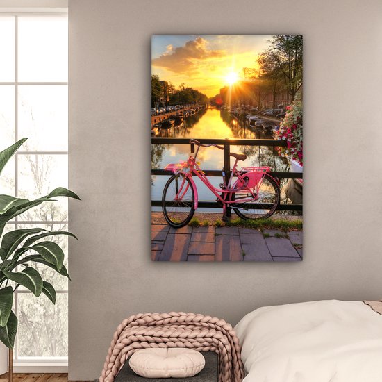 Peinture sur toile Amsterdam - Canal - Coucher de soleil - Fleurs - Vélo - 80x120 cm - Décoration murale