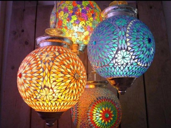 Handgemaakte Oosterse hanglamp gekleurde ster Turkse mozaïeklamp glazen lampenkap 25cm