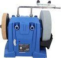 Achterkant blauwe natte slijpmachine, met details van het merk, type TIGER 7000S.