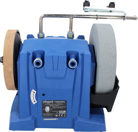 Achterkant blauwe natte slijpmachine, met details van het merk, type TIGER 7000S.