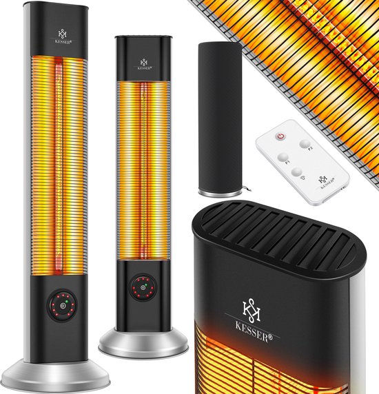 KESSER® Infraroodstraler Stralende Standkachel Incl. Beschermhoes Infrarood Verwarming Terrasverwarmer Torenverwarming 2000 Watt Patioverwarming Elektrische Kachel met Afstandsbediening - Zilver