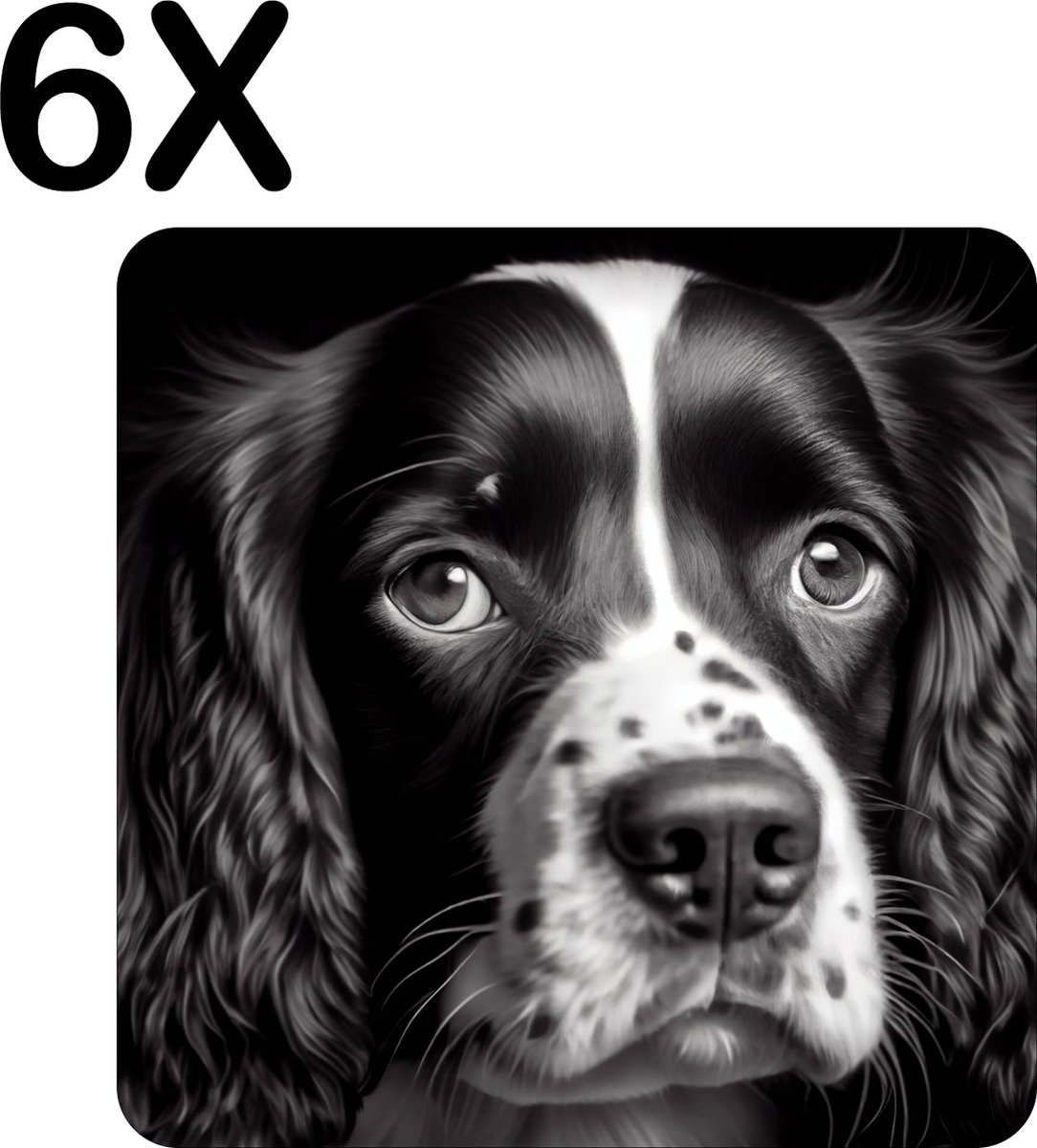 BWK Stevige Placemat - Close-Up van een Hond Zwart - Wit - Set van 6 Placemats - 50x50 cm - 1 mm dik Polystyreen - Afneembaar