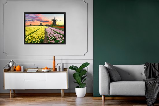 Fotolijst incl. Poster - Windmolen - Tulpen - Bloemen - Nederland - 80x60 cm - Posterlijst