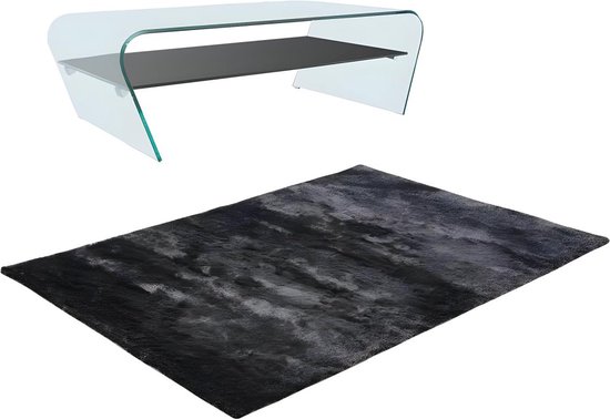 Set de table basse transparente et noire KELLY et tapis shaggy anthracite DOLCE L 230 cm x H 37 cm x P 160 cm
