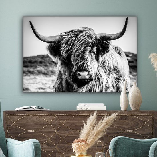 Canvas schilderij - Schotse hooglander zwart wit 120x80 - Kamer decoratie accessoires koe - Dieren schilderijen woonkamer - Wanddecoratie slaapkamer - Muurdecoratie keuken - Wanddoek interieur binnen - Woondecoratie huis - Woonaccessoires