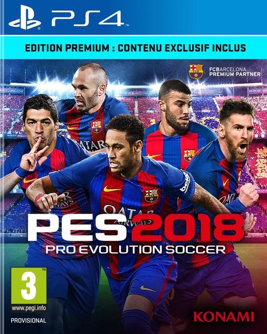 PlayStation 4 spel "PES 2018 Pro Evolution Soccer" met spelers Iniesta, Suarez, Neymar en Messi.