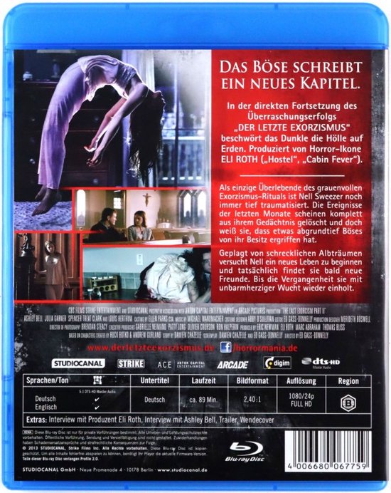 Achterkant Blu-ray: Een vrouw in een bleke jurk buigt zich dramatisch naar achteren. Meerdere kleine afbeeldingen en tekst in het Duits.