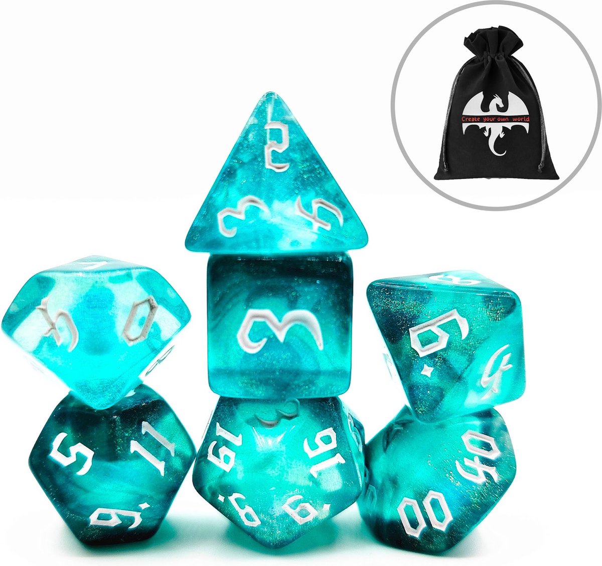 Lapi Toys - Dungeons and Dragons dobbelstenen - DnD - D&D - Polydice - 1 set (7 stuks) - Acryl - Turquoise