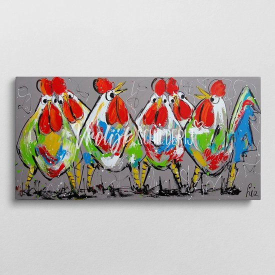 6 Vrolijke kippen | Vrolijk Schilderij | 120x60cm | Dikte 4 cm | Canvas schilderijen woonkamer | Wanddecoratie | Schilderij op canvas | Kunst | Corrie Leushuis