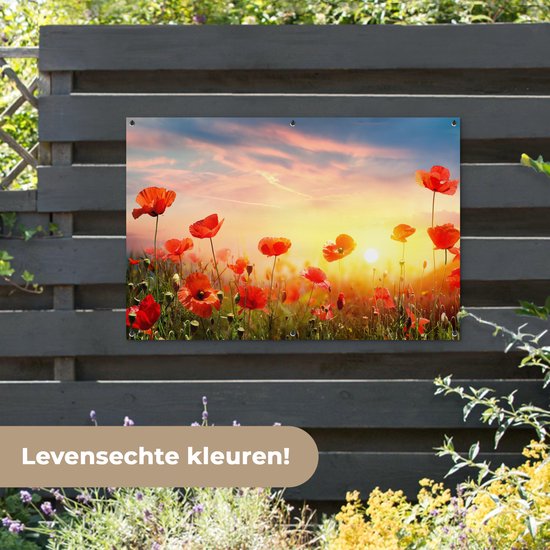 Tuinposter bloemen - Tuindecoratie klaprozen rood - 120x80 cm - Tuinschilderij voor buiten - Tuindoek zonsondergang - Wanddecoratie tuin - Schuttingdoek - Balkon decoratie - Muurdecoratie - Buitenschilderij