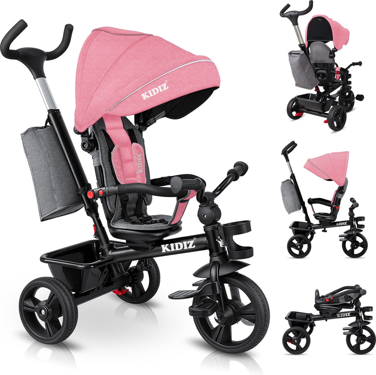 KIDIZ® Loopfiets Driewieler 5in1 Kinderfiets kinderdriewielerfiets 1 jaar vooruit en achteruit Jogger , mand tas drinkhouder zonnekap rubberen wielen, buggy fiets baby opvouwbaar driewielfiets - Roze