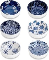 Keramische dip bowls, 7,6 cm knijpkom set, zijsaus cups, servies voor sushi, snack en soja, BBQ, 70 ml, blauwe en witte mini bowls voor de keuken, 6 stuks