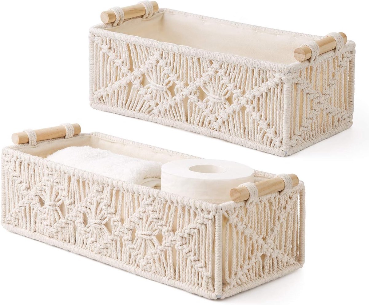 Goedkoopste Macrame opbergmanden decoratieve doos handgemaakt geweven - kast organizer boho voor slaapkamer kinderkamer woonkamer - set van 2 ivoor