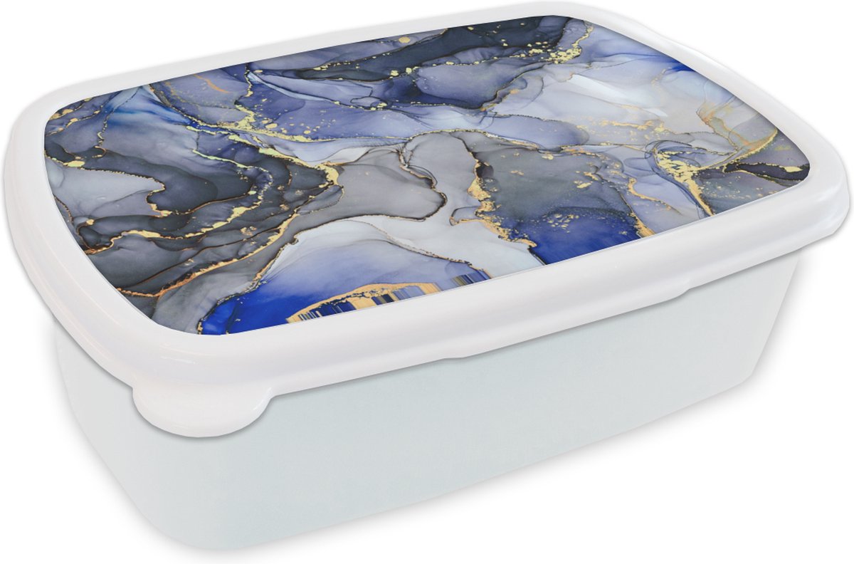 Broodtrommel Wit - Lunchbox - Brooddoos - Marmer - Goud - Abstract - Blauw - 18x12x6 cm - Volwassenen