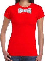 Rood fun t-shirt met vlinderdas in glitter zilver dames - shirt met strikje XL