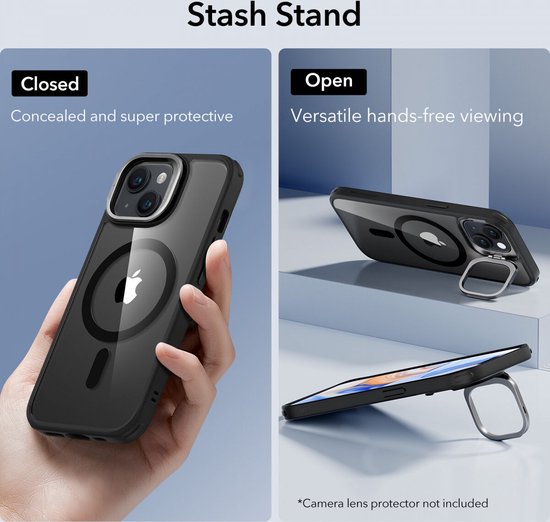 ESR Classic Hybrid HaloLock Coque adaptée pour Apple iPhone 15 – Compatible avec MagSafe – Coque arrière avec support – Béquille pour appareil photo – Zwart transparent