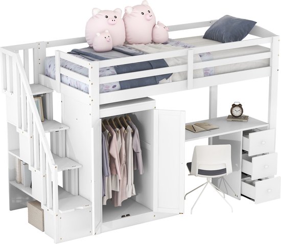Merax Hoogslaper 90x200 cm - Bed met Bureau en Kast - Kinderbed met  Opbergruimte - Wit | bol