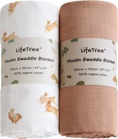 LifeTree baby mousseline inbakerdoek - 2 stuks 120 x 120 cm 100% biologisch katoen baby inbakerdoeken voor jongens en meisjes
