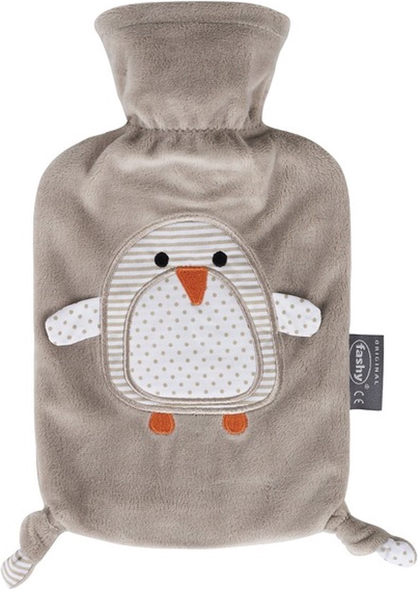 Goedkoopste Kruik met pluche hoes met opdruk van een pinquin - crï¿½me bruine - Warmwaterkruik