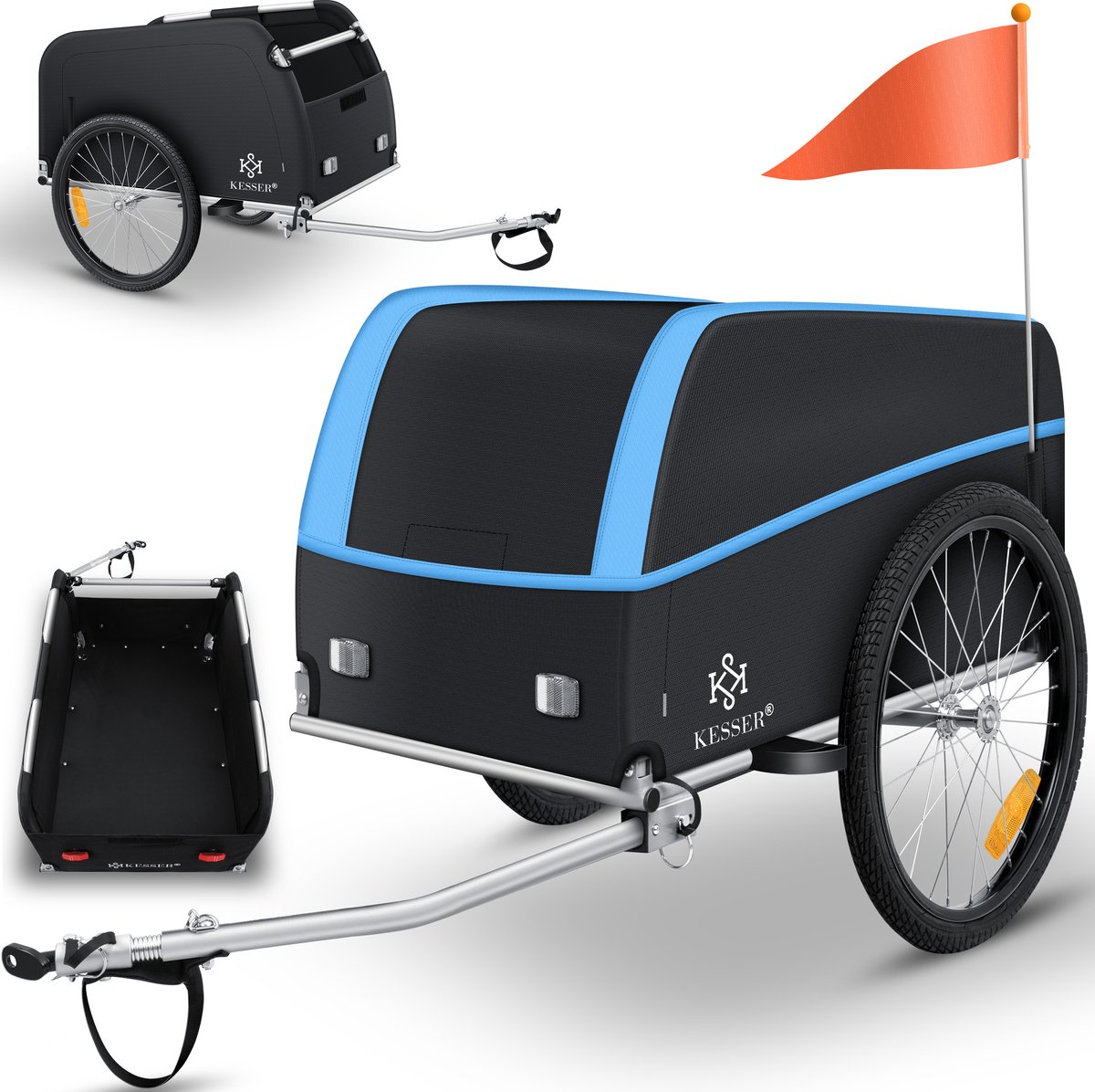 KESSER® Fietskar Fietsaanhanger met koppeling Bagagefietskar, Incl. afdekking Inklapfunctie Hoge dissel Aanbouwdelen Aanhangwagen voor fiets Transportbox met 120 Liter Max. 40 kg - Blauw / Antraciet
