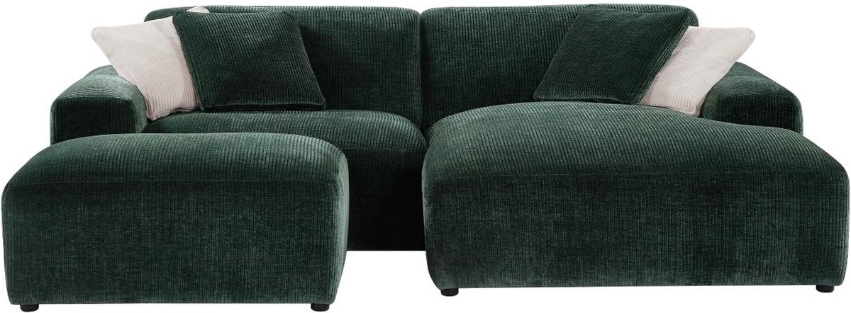 Vente-unique Hoekbank met hoek rechts en poef van dennegroen ribfluweel TIRONO van Maison Céphy