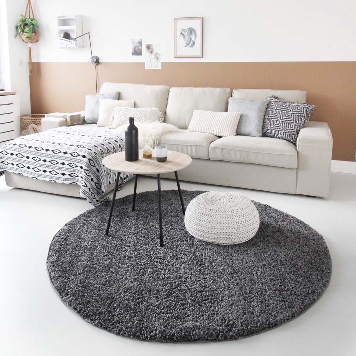Hoogpolig vloerkleed shaggy Trend effen rond - grijs 80 cm