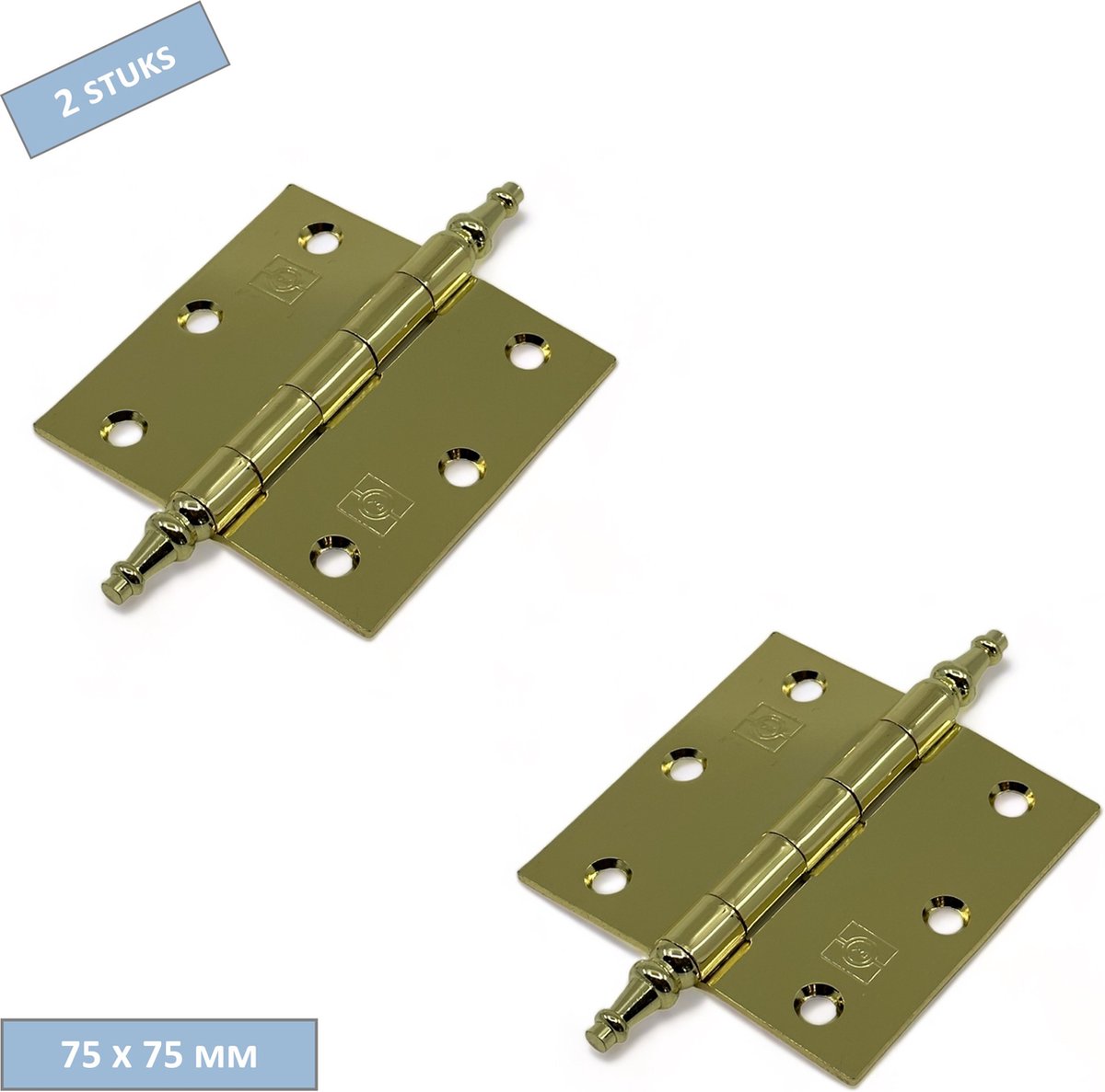TQ4U Scharnier Vaaskop 75 x 75 mm – Vermessingd – Losse Pen – Rechte Hoek – 2 Stuks
