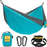 Hangmat - Outdoor hangmat voor 2 personen - ultralichte reishangmat - belastbaar tot 226 kg - campingaccessoires - incl. ophanging en karabijnhaak (blauw en grijs)