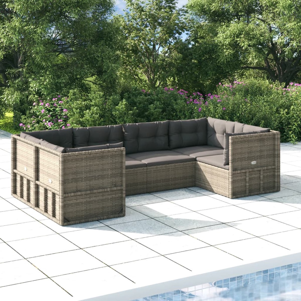 The Living Store 6-delige Loungeset met kussens poly rattan grijs - Hoekbank - Lounge Set - Tuinset - Buitendecoratie - PE-rattan