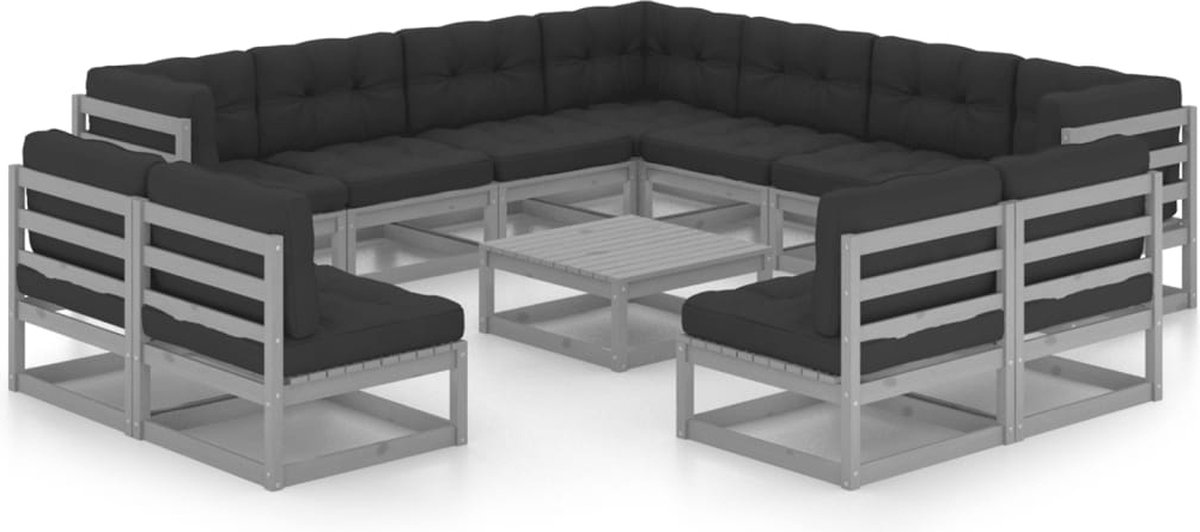 The Living Store 12-delige Loungeset met kussens massief grenenhout grijs - Tuinmeubels - Lounge Set - Grenenhout - Grijze Loungebank - Buitendecor