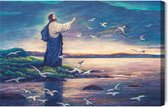 Schilderijkoning - Canvas Schilderij Jezus Staande Aan De Kust - 120 x 80 cm