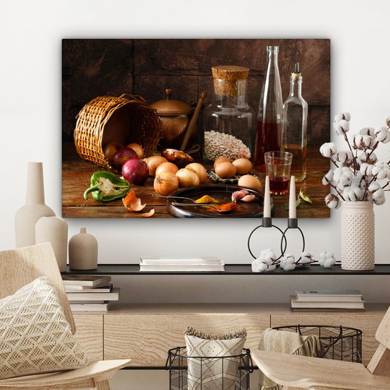 Canvas schilderij - Foto op doek - Groente - Eieren - Kruiden - Eten - Stilleven - Muurdecoratie - 60x40 cm - Canvas doek