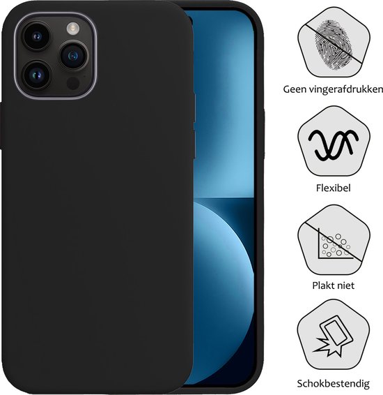 Zwarte iPhone 15 Pro hoes, zonder vingerafdrukken, flexibel, plakt niet en schokbestendig.