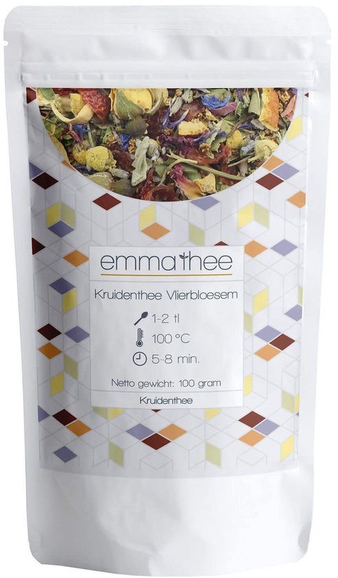 Witte zak met Emma Thee Kruidenthee Vlierbloesem, 100 gram. Grafisch patroon met ruiten.