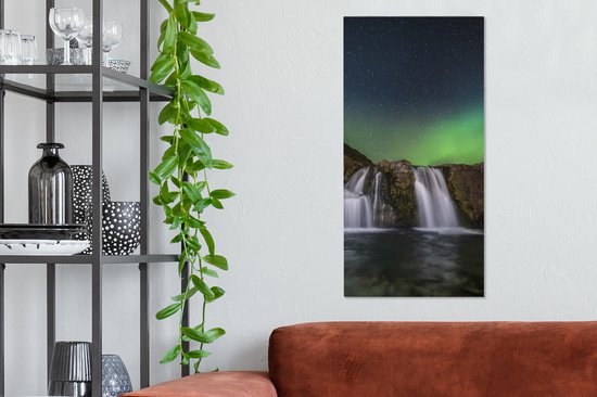 Tableau sur Toile Aurores Boréales - Cascade - Islande - 40x80 cm - Décoration murale