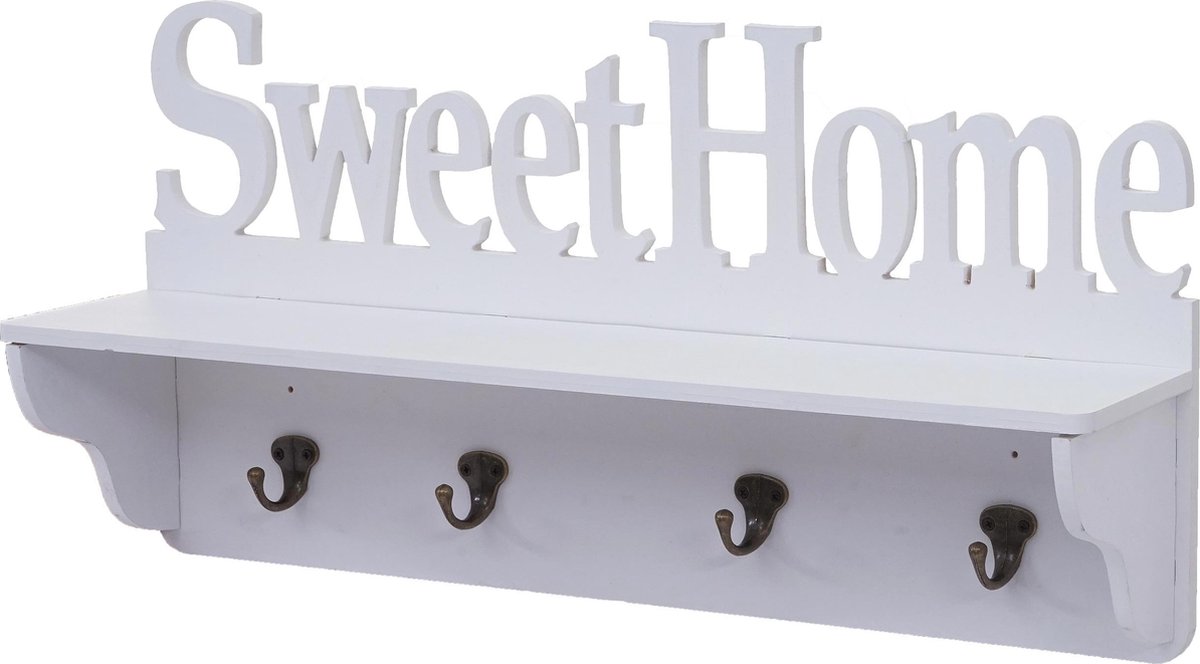 Wandkapstok MCW-D41 Sweet Home, kapstok plank, 4 haken solide 30x60x13cm ~ wit