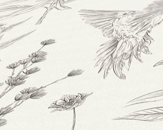 Fond d'écran oiseaux et papillons | Botanique et Animaux - Wit Zwart - Murs Living dessinés dans la Nature