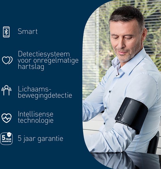 Man met een OMRON EVOLV bloeddrukmeter om zijn arm, met iconen die 'Smart', 'Detectie voor onregelmatige hartslag', 'Lichaamsbewegingdetectie', 'Intellisense technologie' en '5 jaar garantie' aanduiden.