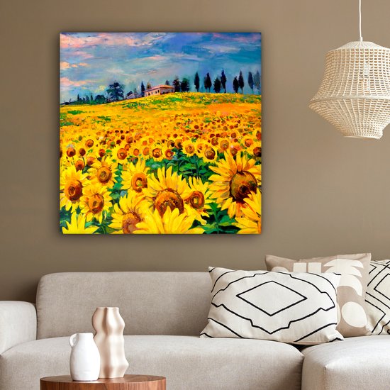 Peinture sur toile - Tournesol - Fleurs - Peinture à l'huile - Nature - Peintures sur toile - 90x90 cm - Toile nature - Décoration murale
